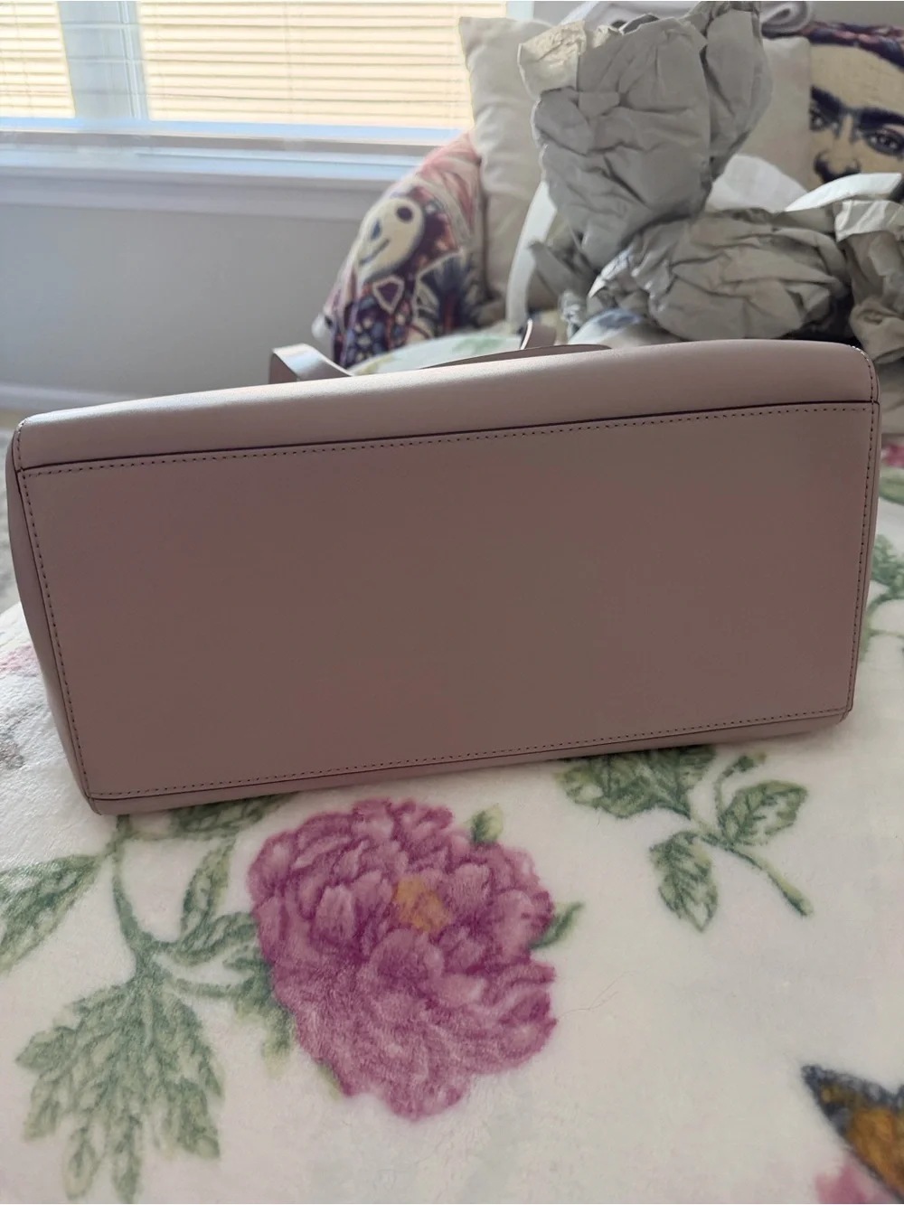 kate spade taupe leather tote with floral charm